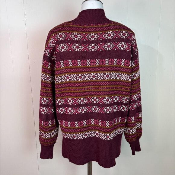 LOFT Sweater Small Burgundy Fair Isle Mock Neck Long Sleeve Holiday Pullover - Picture 5 of 11